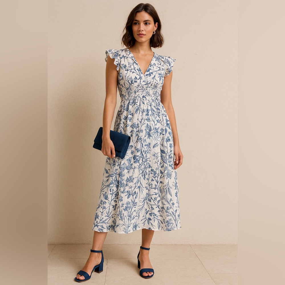 Floral Blue and White Midi Dress V-neck Ruffles Open Back Smocked Waist size L